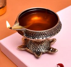 Decorative Golden Brass Oil Lamp with Turtle Base